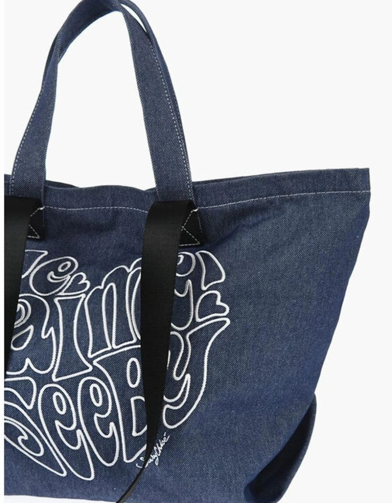 Embroidered Logo Denim Shoulder Bag Women - Blue Tote Bags
