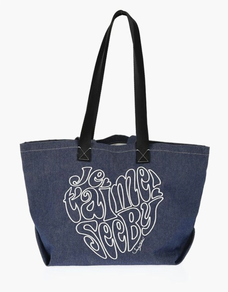 Embroidered Logo Denim Shoulder Bag Women - Blue Tote Bags