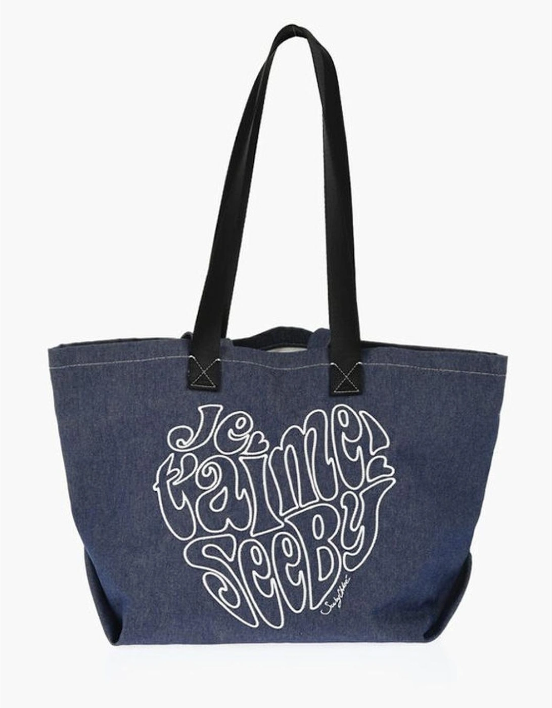 Embroidered Logo Denim Shoulder Bag Women - Blue Tote Bags, 6 of 5