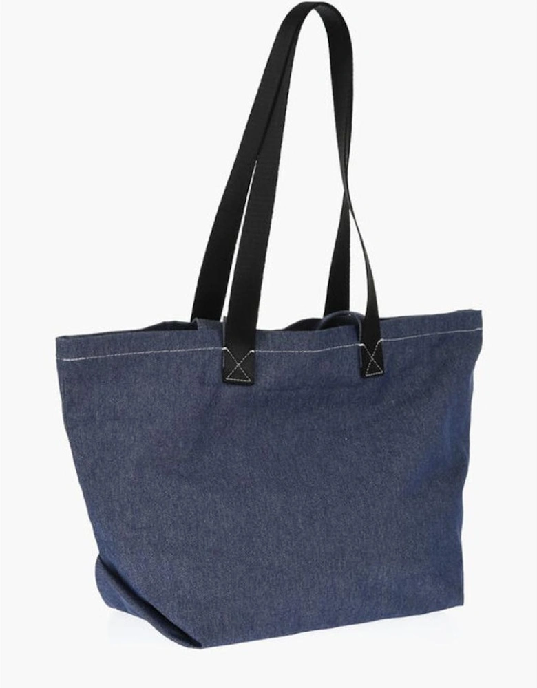 Embroidered Logo Denim Shoulder Bag Women - Blue Tote Bags
