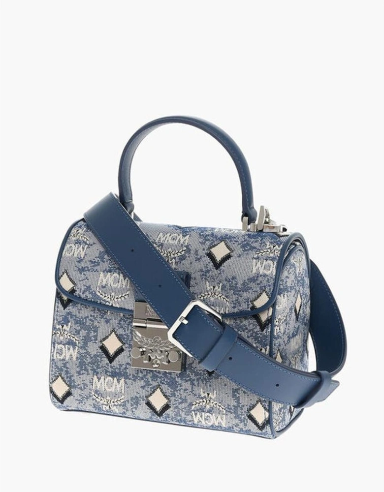 Monogram Embroidered Handbag with Removable Strap Women - Blue Tote