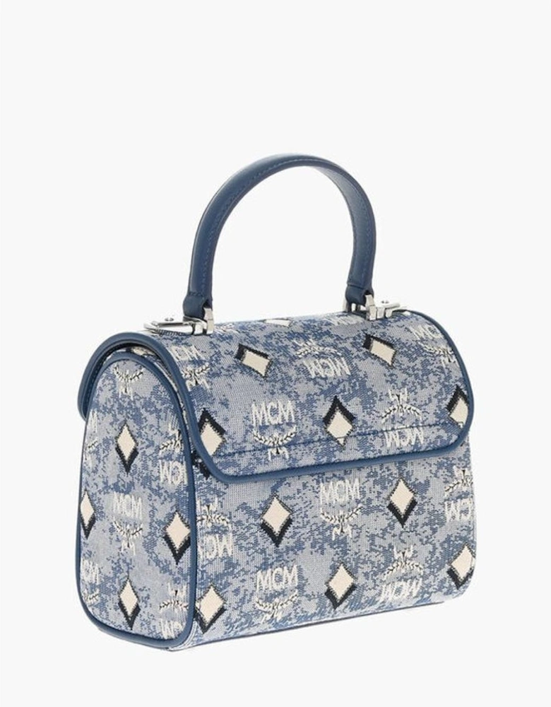 Monogram Embroidered Handbag with Removable Strap Women - Blue Tote