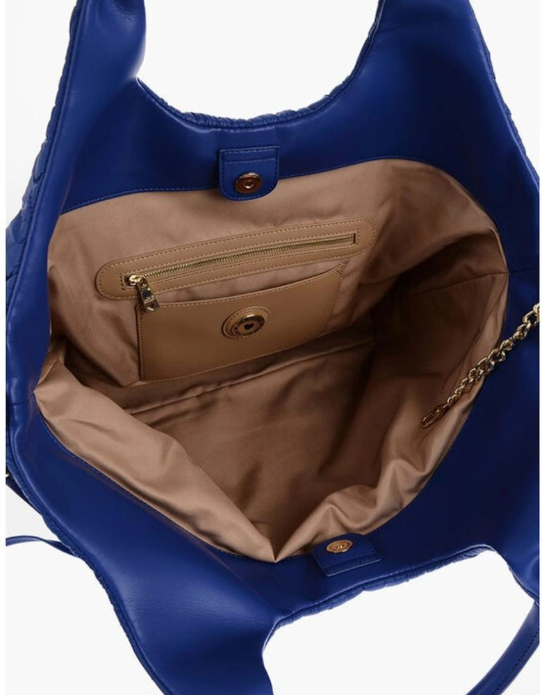 Logo Metal Solid Color Handbag with Double Handle Women - Blue Tote