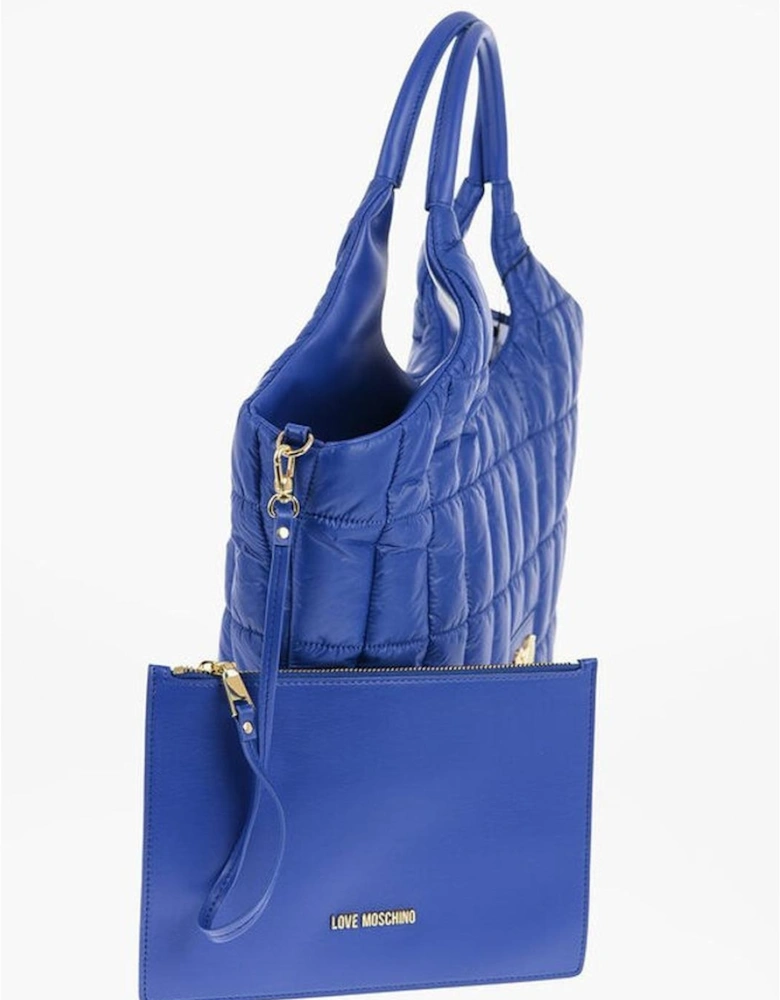Logo Metal Solid Color Handbag with Double Handle Women - Blue Tote
