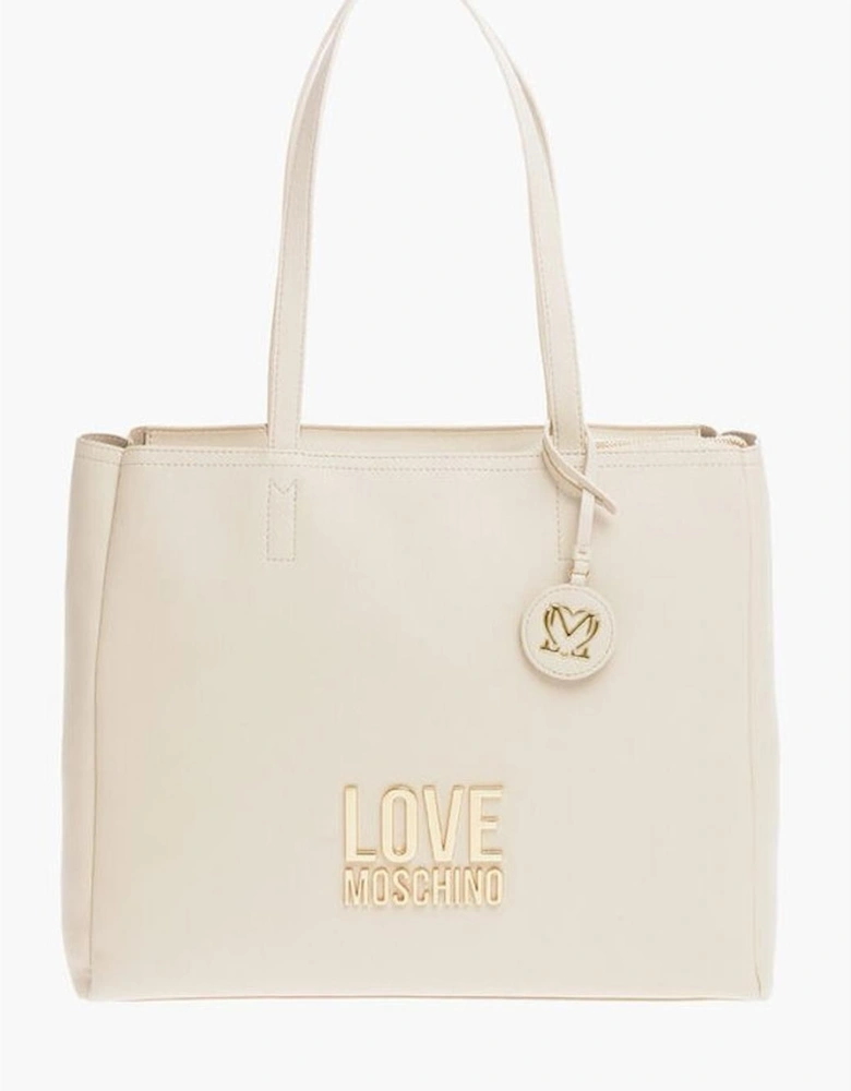 Solid Color Zip Closure Shoulder Handbag with Logo Women - Beige Tote