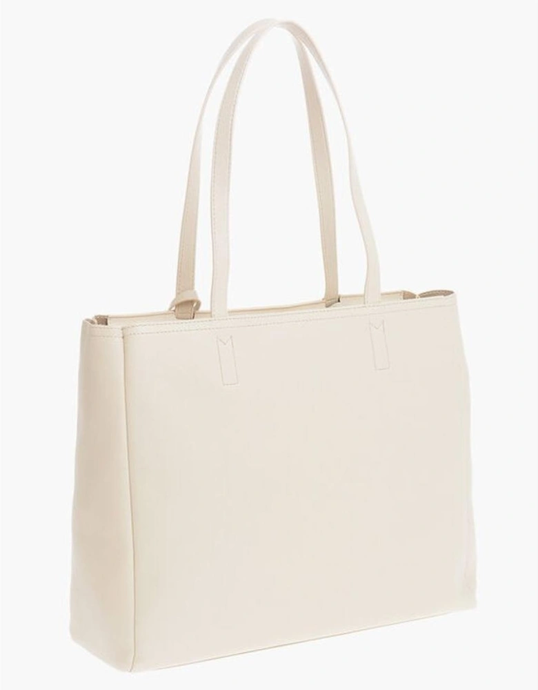 Solid Color Zip Closure Shoulder Handbag with Logo Women - Beige Tote