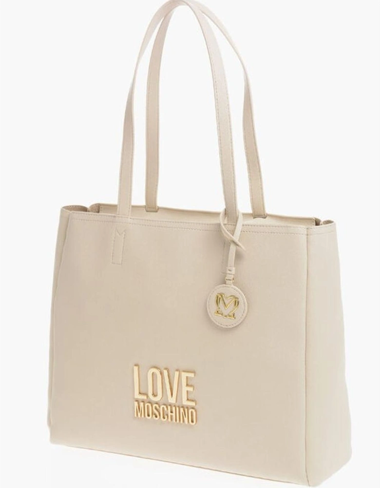 Solid Color Zip Closure Shoulder Handbag with Logo Women - Beige Tote
