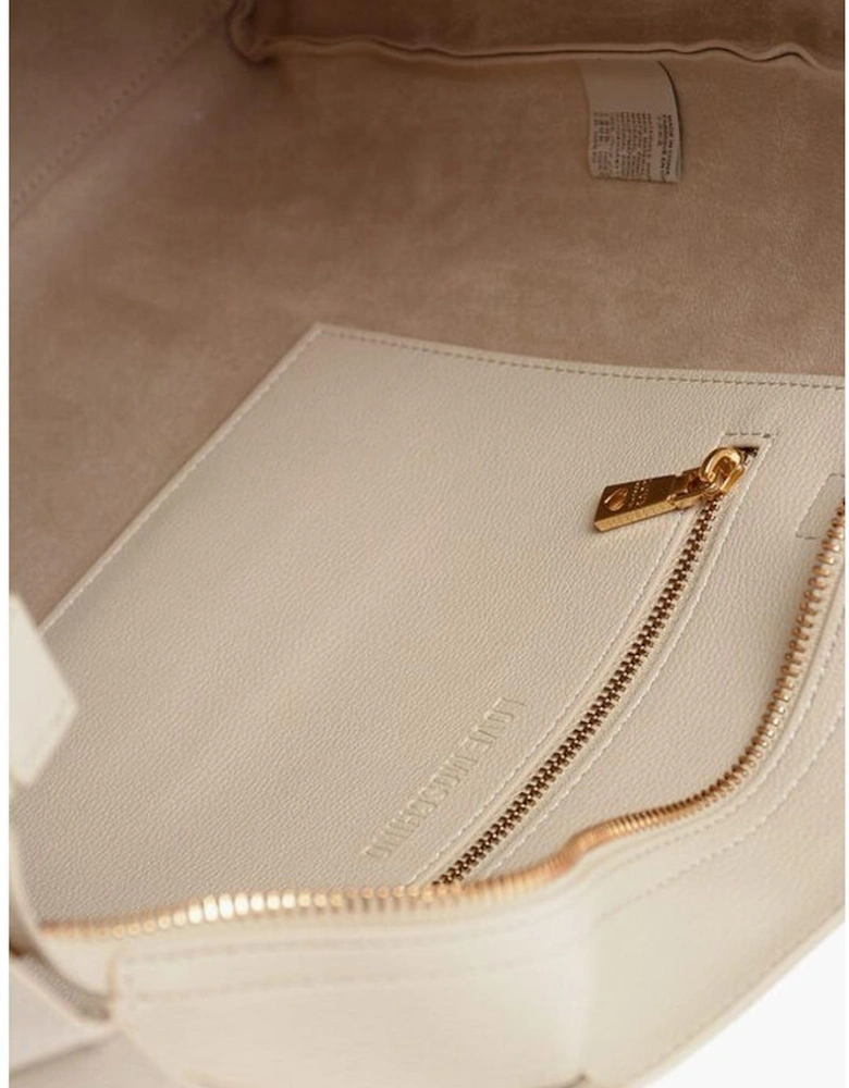 Solid Color Zip Closure Shoulder Handbag with Logo Women - Beige Tote