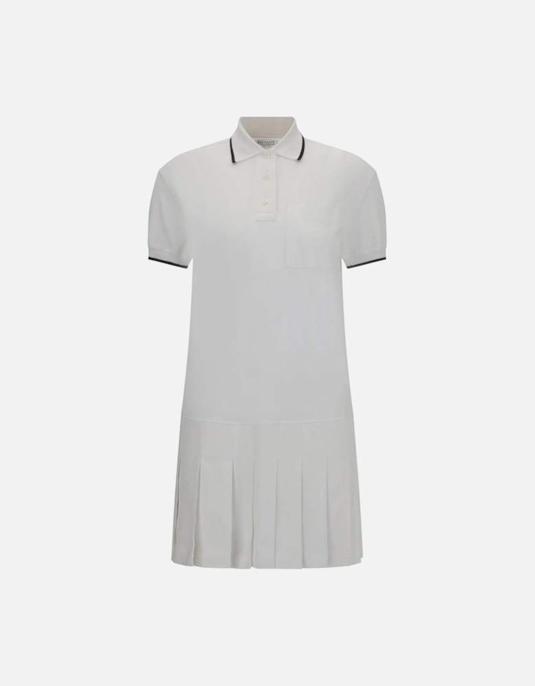 Polo Dress with Ribbed French Collar and Pleated Skirt Women - White
