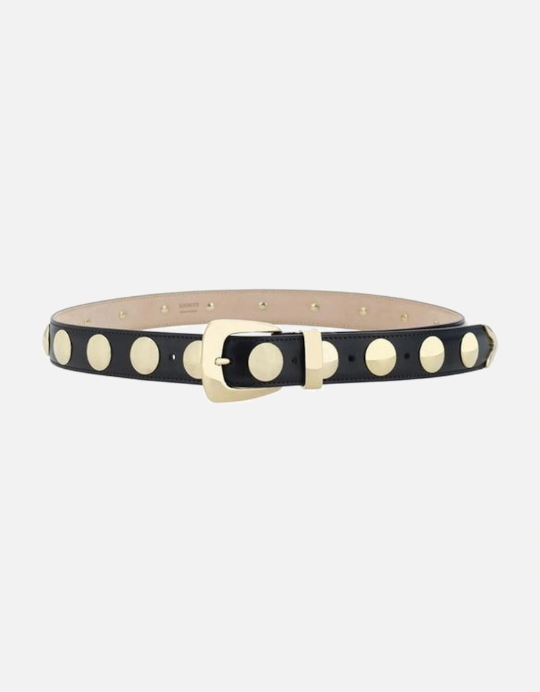 Leather Belt with Golden Studs and Metal Buckle Women - Black