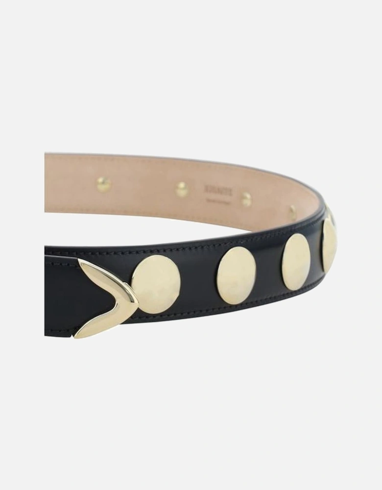Leather Belt with Golden Studs and Metal Buckle Women - Black