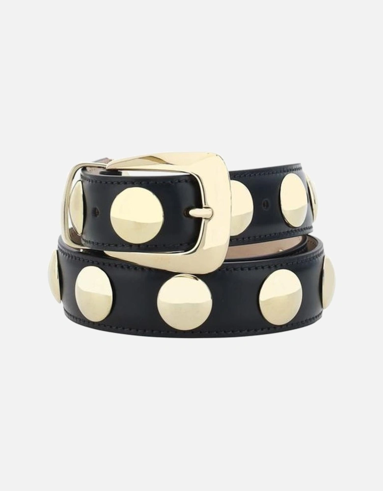 Leather Belt with Golden Studs and Metal Buckle Women - Black