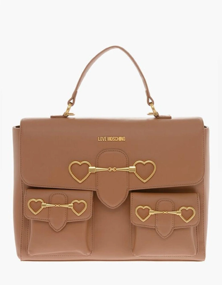 Metal Logo Solid Handbag with Removable Strap Women - Brown Tote Bags