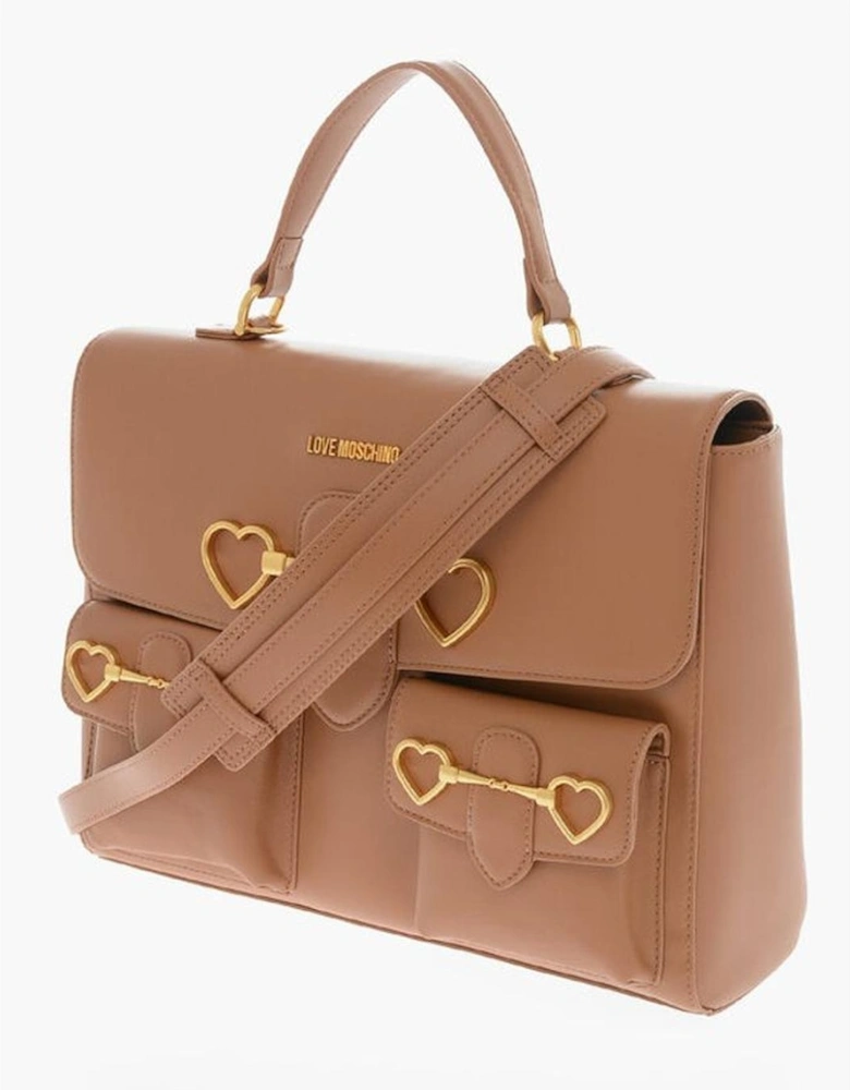 Metal Logo Solid Handbag with Removable Strap Women - Brown Tote Bags