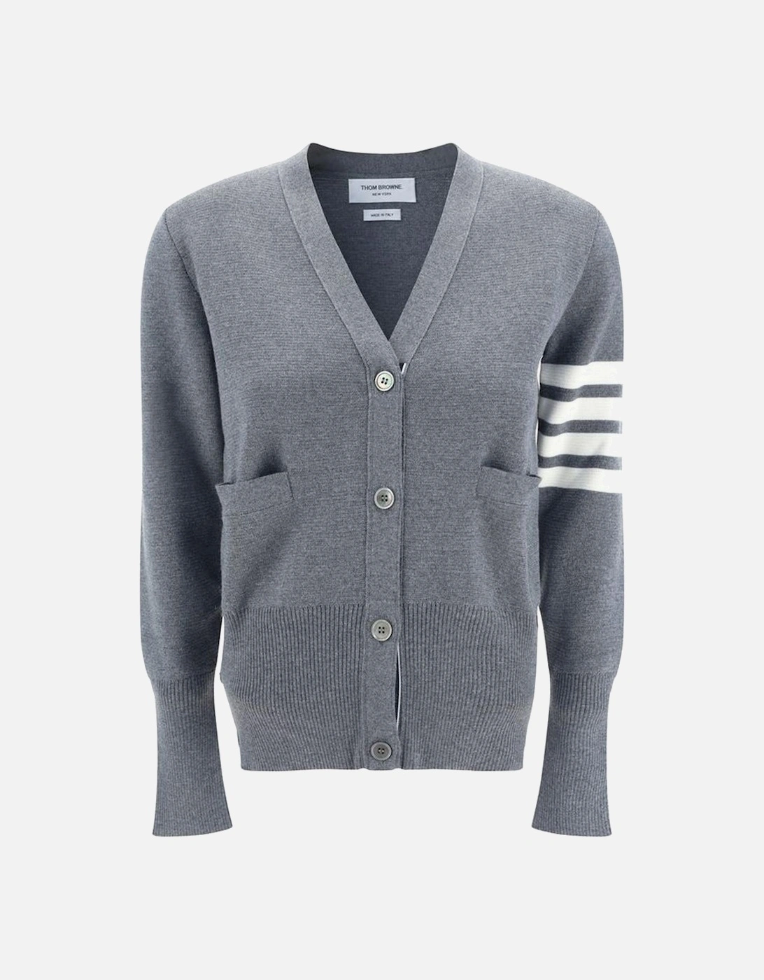 Merino Wool V-Neck Cardigan with Iconic Bands Women - Gray Sweaters, 4 of 3
