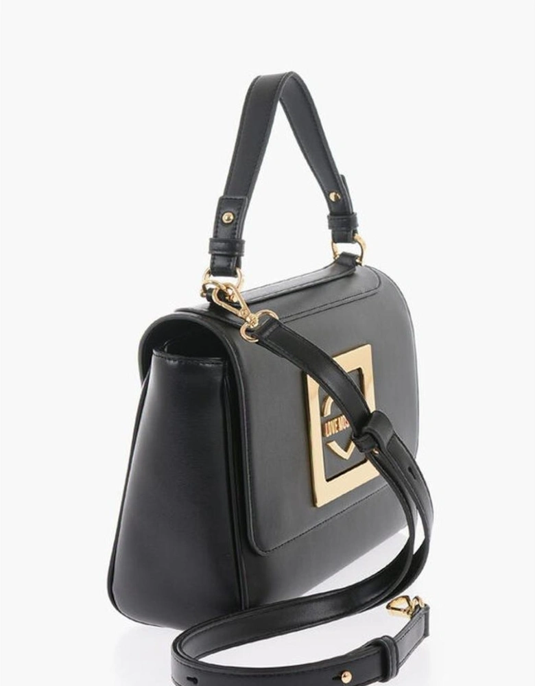 Logo Metal Snap Button Eco-leather Handbag Women - Black Shoulder Bags