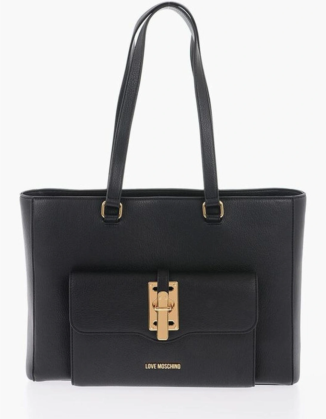 Metal Logo Solid Shoulder Bag with Double Handle Women - Black Tote, 5 of 4