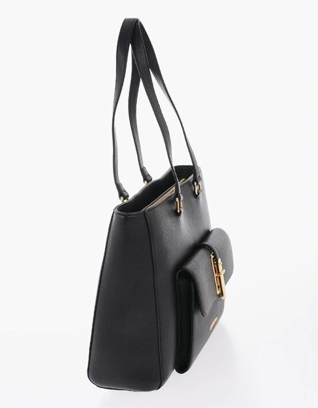Metal Logo Solid Shoulder Bag with Double Handle Women - Black Tote