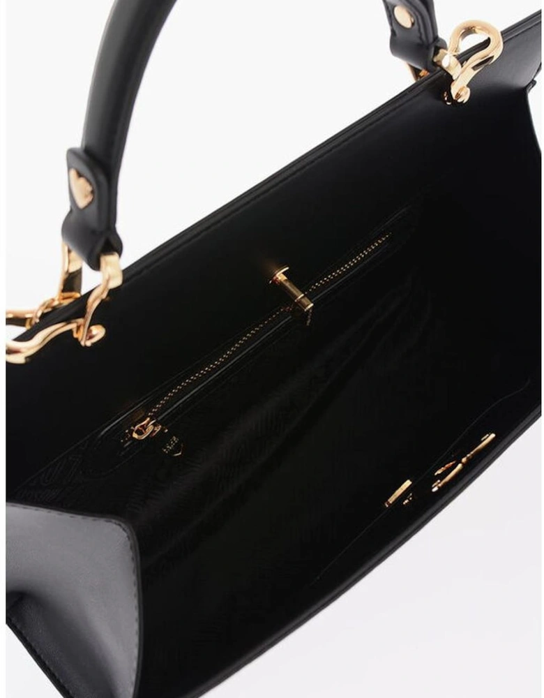 Solid Color Metal Logo Handbag with Removable Strap Women - Black Tote