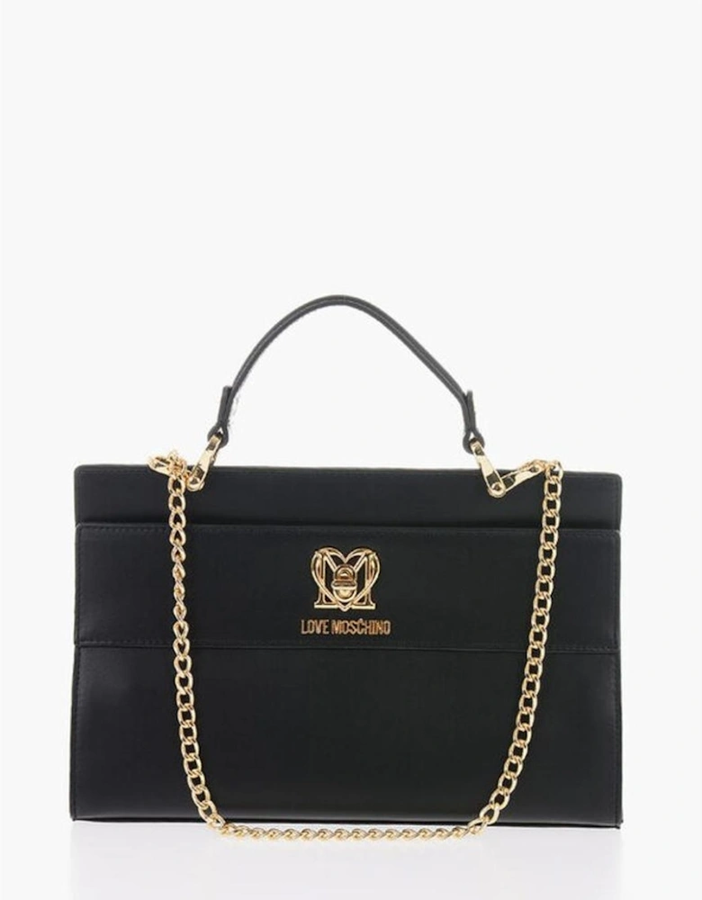 Solid Color Metal Logo Handbag with Removable Strap Women - Black Tote