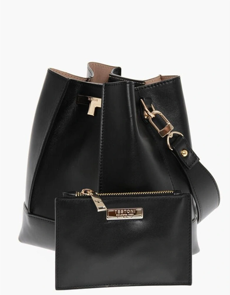 Logo Leather Shoulder Bag with Studded Bottom Women - Black