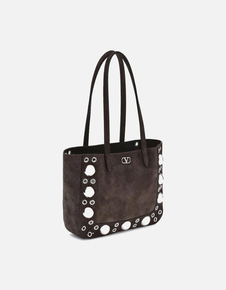 Suede Tote Bag with Studded Detail and VLogo Women - Brown Shoulder