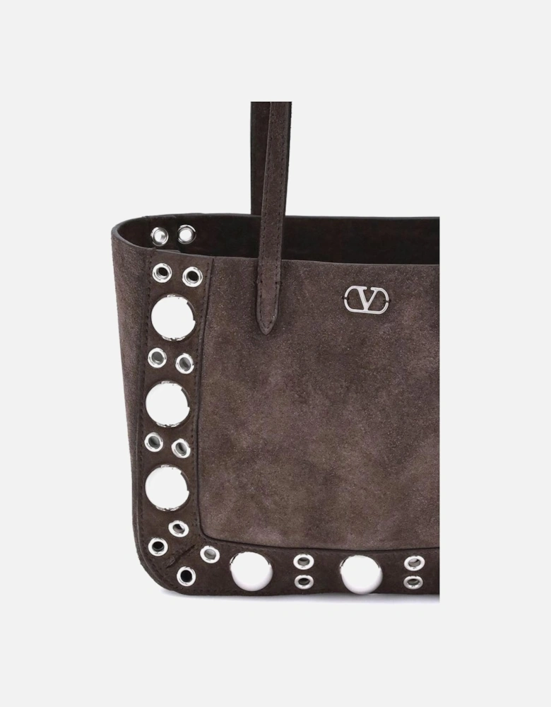 Suede Tote Bag with Studded Detail and VLogo Women - Brown Shoulder