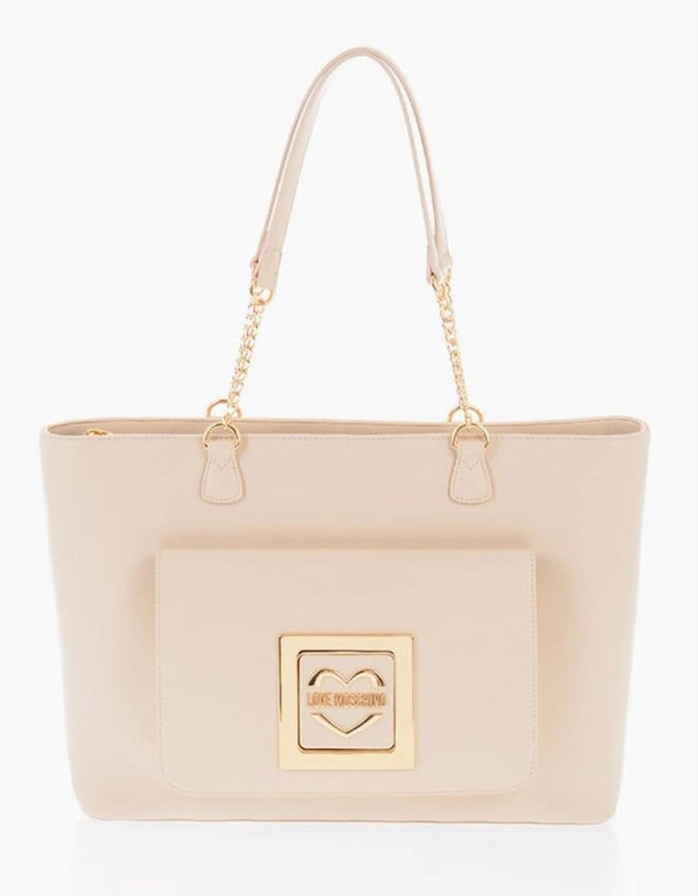 Metal Logo Shoulder Bag with External Pocket Women - Beige