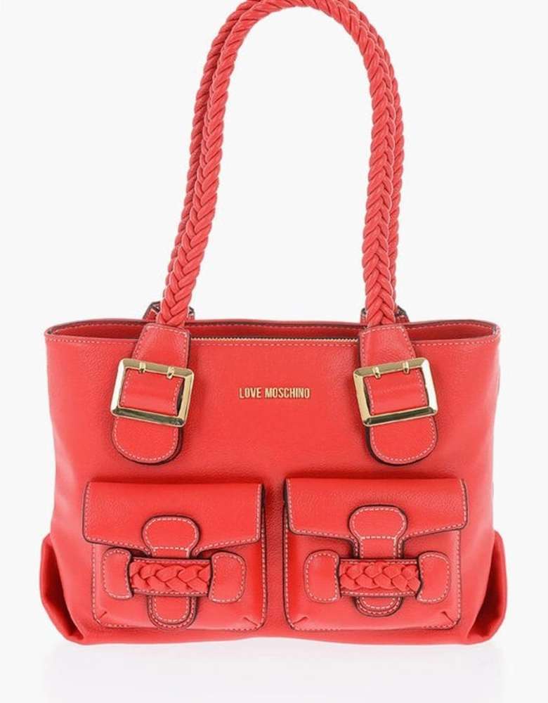 Logo Eco-Leather Shoulder Bag with External Pocket Women - Red
