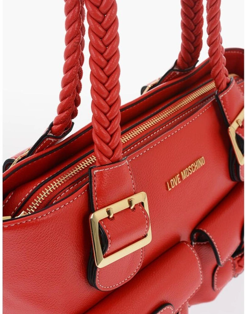Logo Eco-Leather Shoulder Bag with External Pocket Women - Red