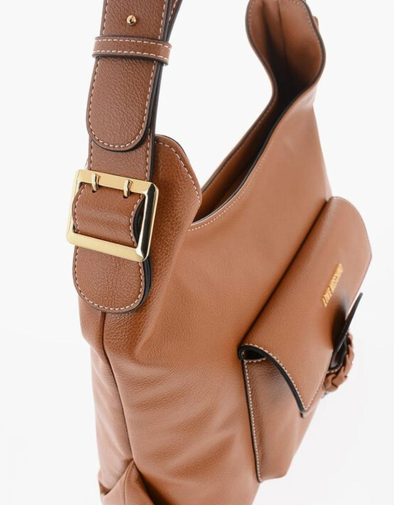 Eco-Leather Shoulder Bag with Logo and Pockets Women - Brown