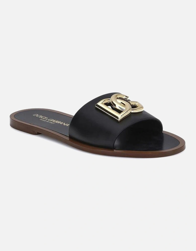 Leather Slide Sandals with Logo Plaque Women - Black