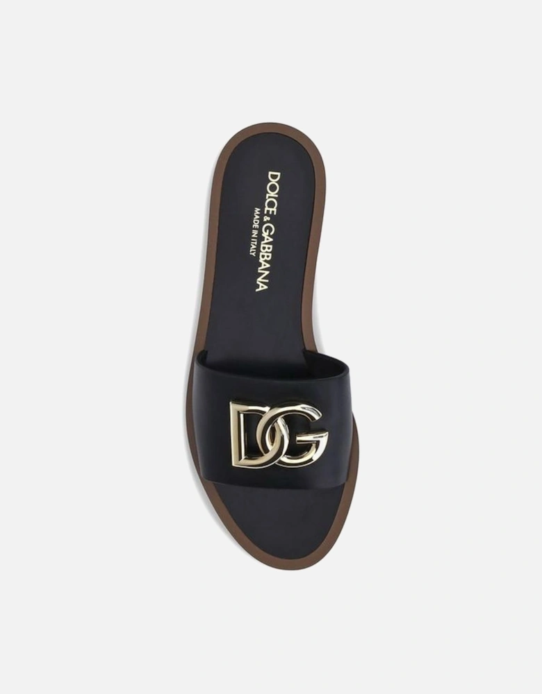 Leather Slide Sandals with Logo Plaque Women - Black