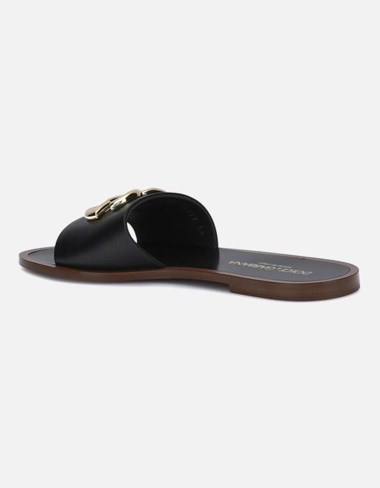 Leather Slide Sandals with Logo Plaque Women - Black