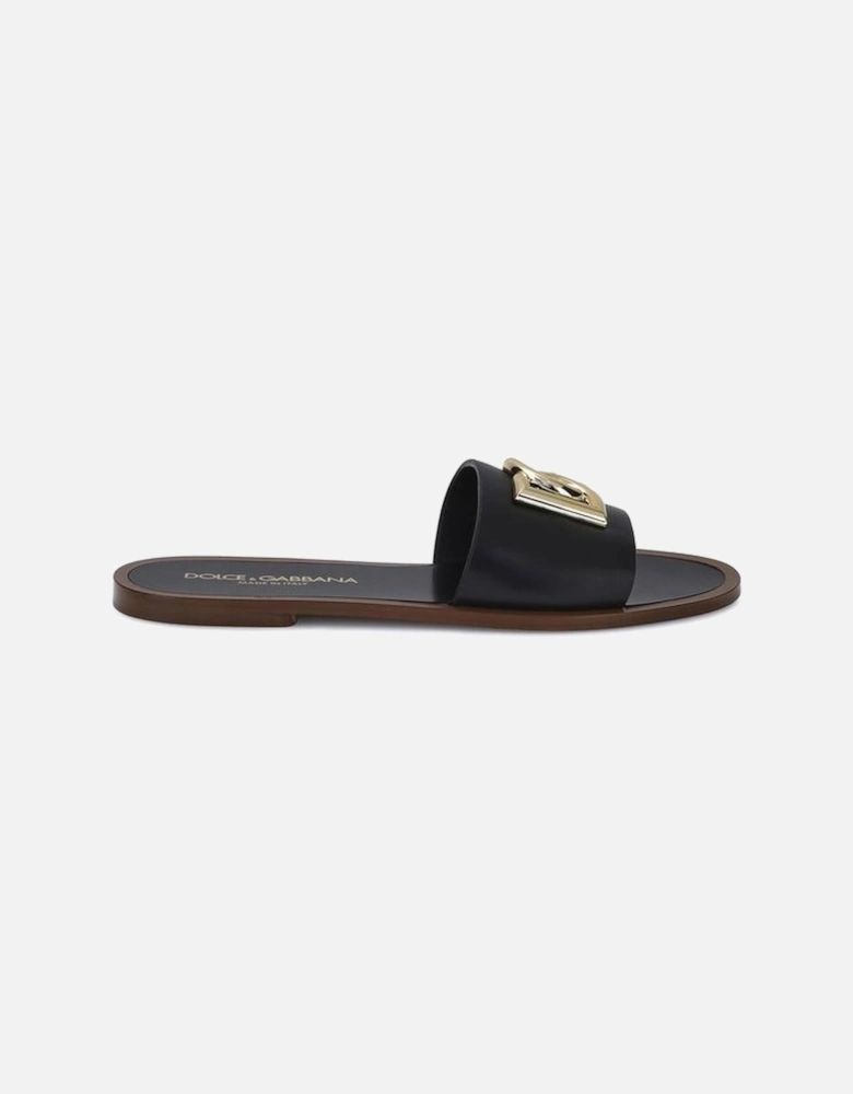 Leather Slide Sandals with Logo Plaque Women - Black