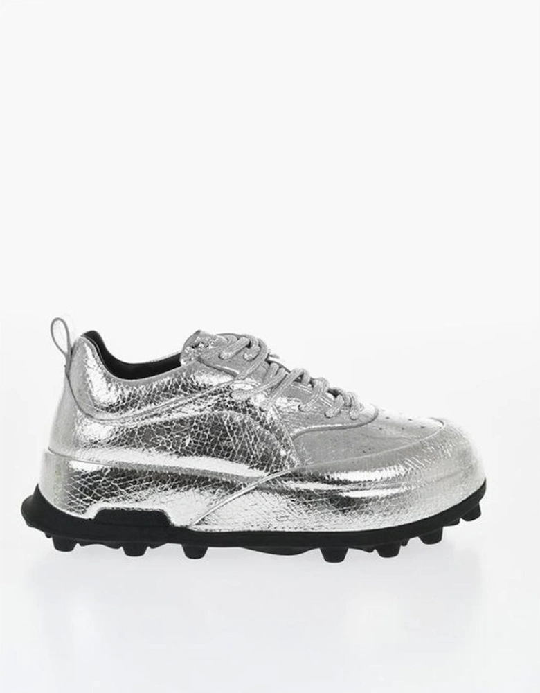 Textured Leather Lace-Up Sneakers Women - Silver