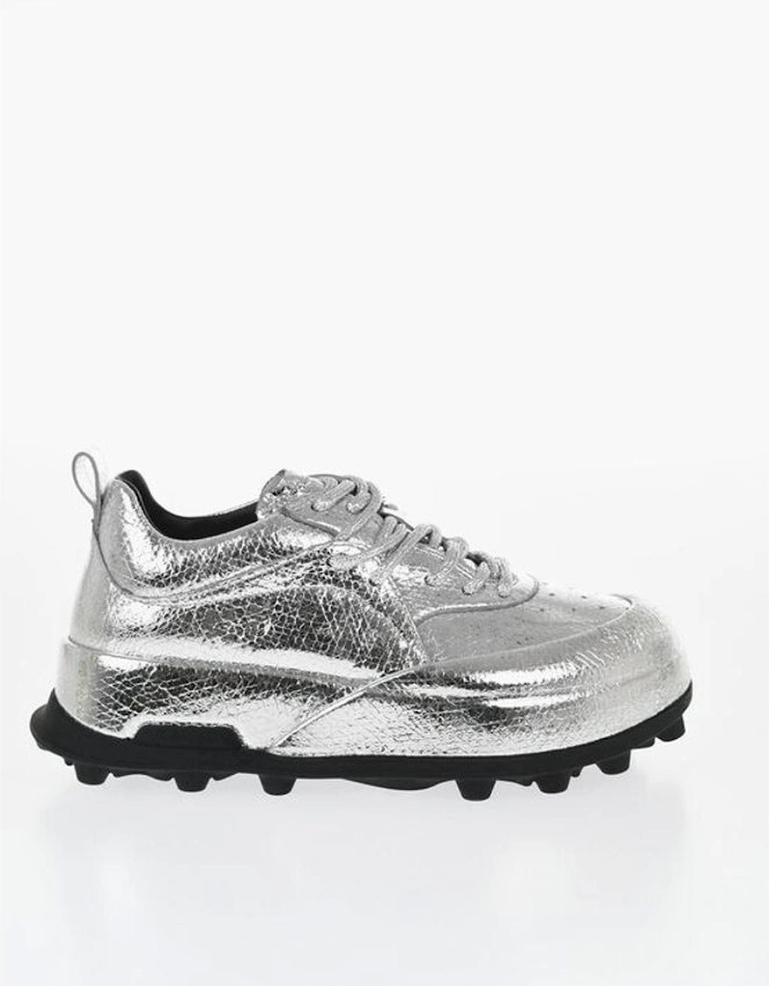 Textured Leather Lace-Up Sneakers Women - Silver