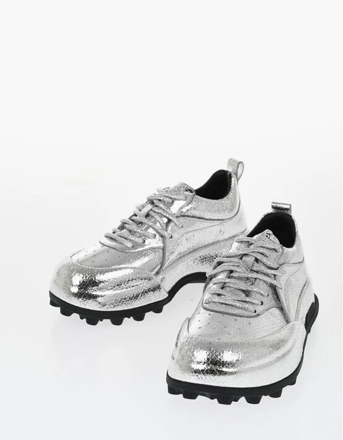 Textured Leather Lace-Up Sneakers Women - Silver, 5 of 4
