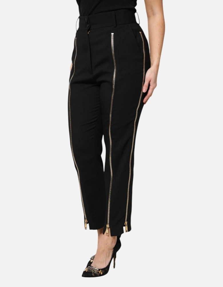 High Waist Tapered Wool Pants with Zipper Details Women - Black Jeans