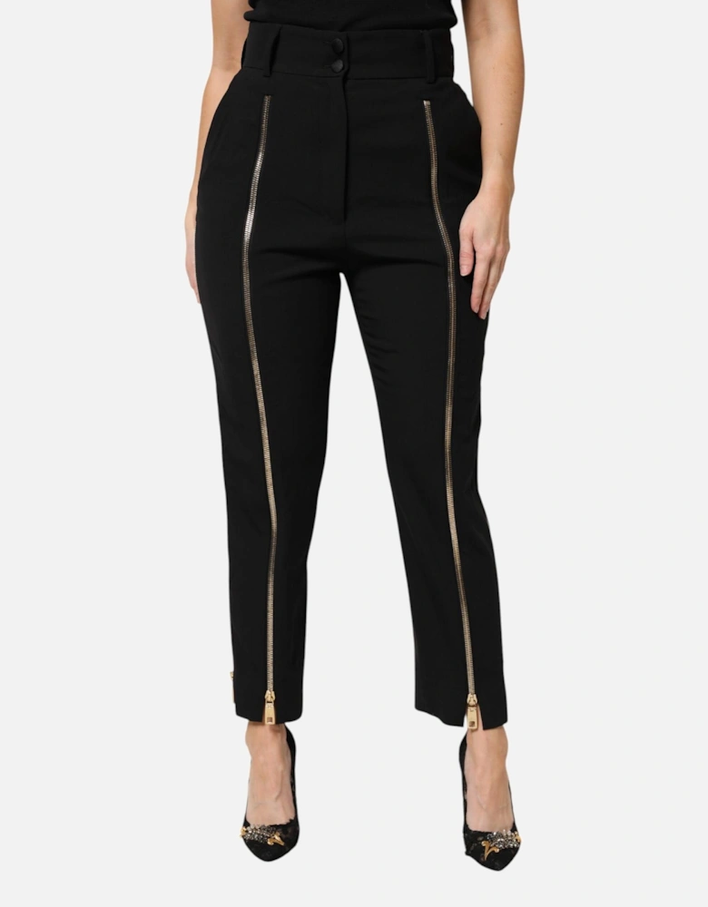 High Waist Tapered Wool Pants with Zipper Details Women - Black Jeans
