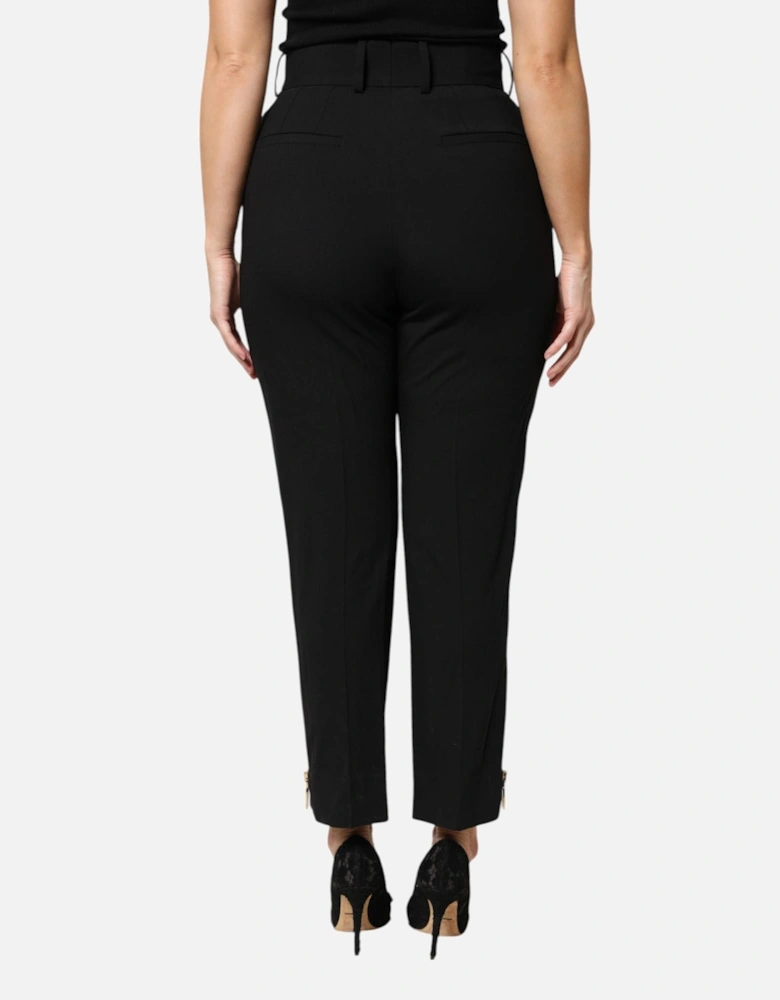 High Waist Tapered Wool Pants with Zipper Details Women - Black Jeans
