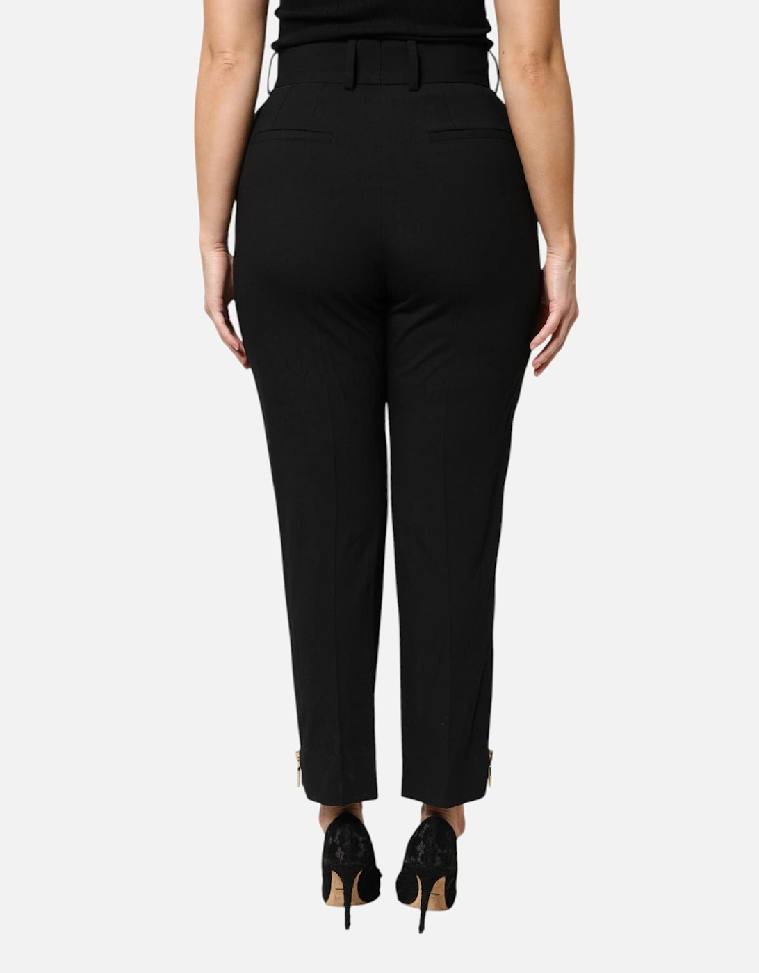 High Waist Tapered Wool Pants with Zipper Details Women - Black Jeans