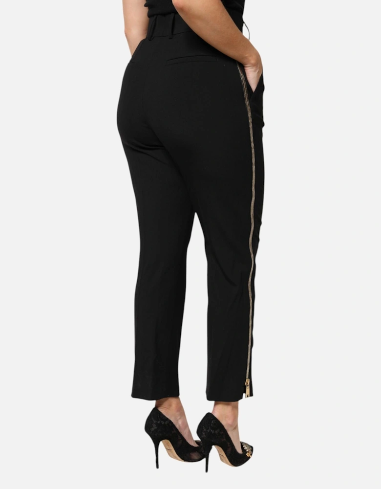 High Waist Tapered Wool Pants with Zipper Details Women - Black Jeans
