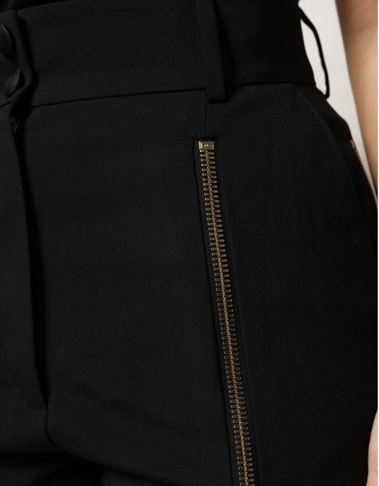 High Waist Tapered Wool Pants with Zipper Details Women - Black Jeans
