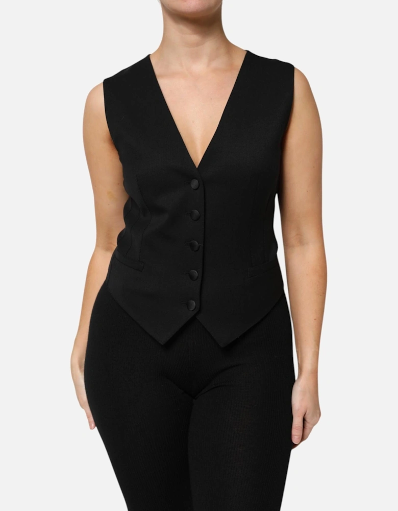 Sleeveless Wool-Silk Vest Top with Button Closure Women - Black