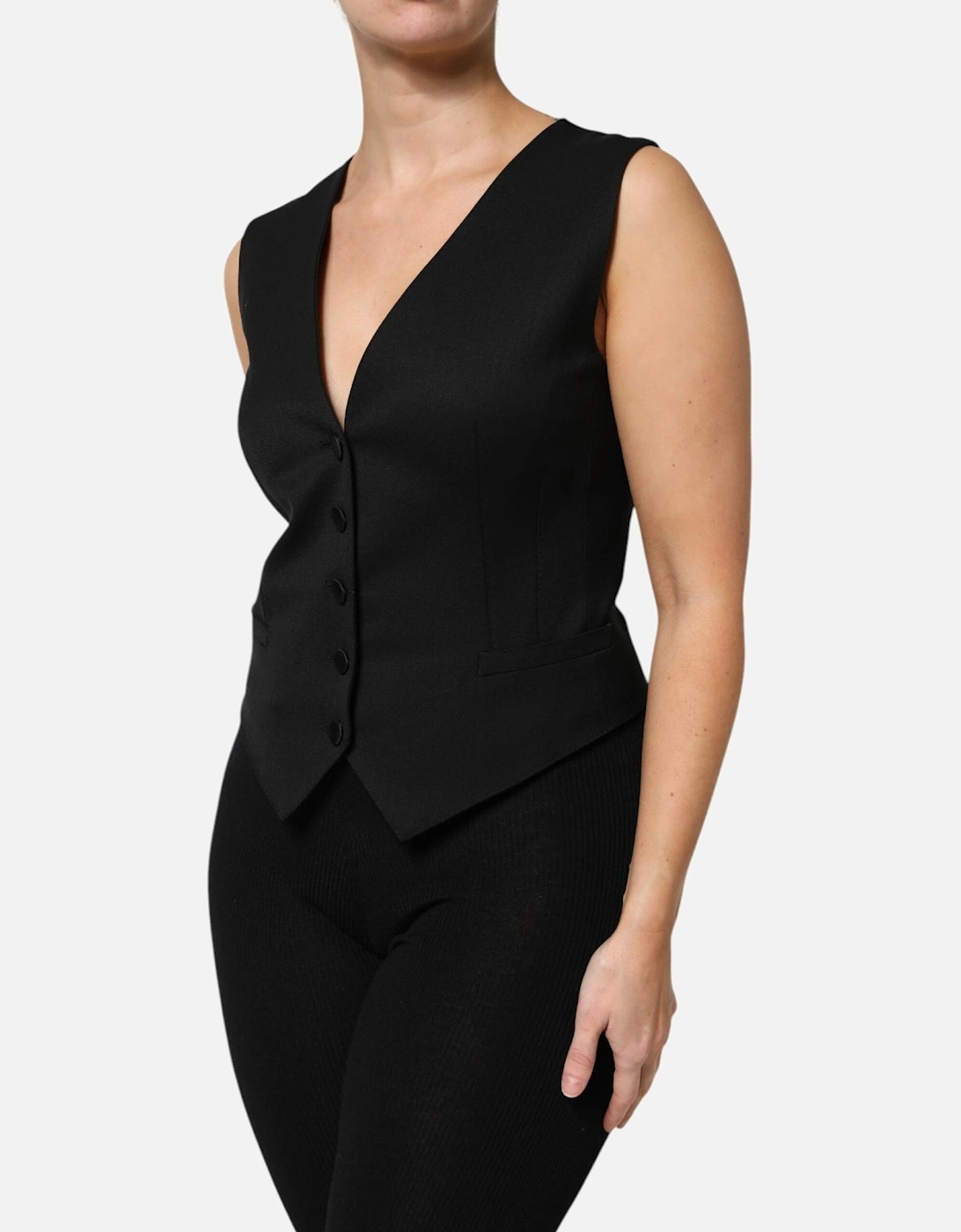 Sleeveless Wool-Silk Vest Top with Button Closure Women - Black