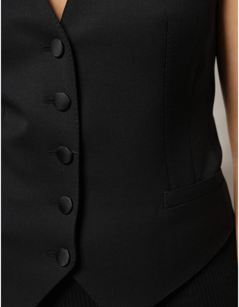 Sleeveless Wool-Silk Vest Top with Button Closure Women - Black