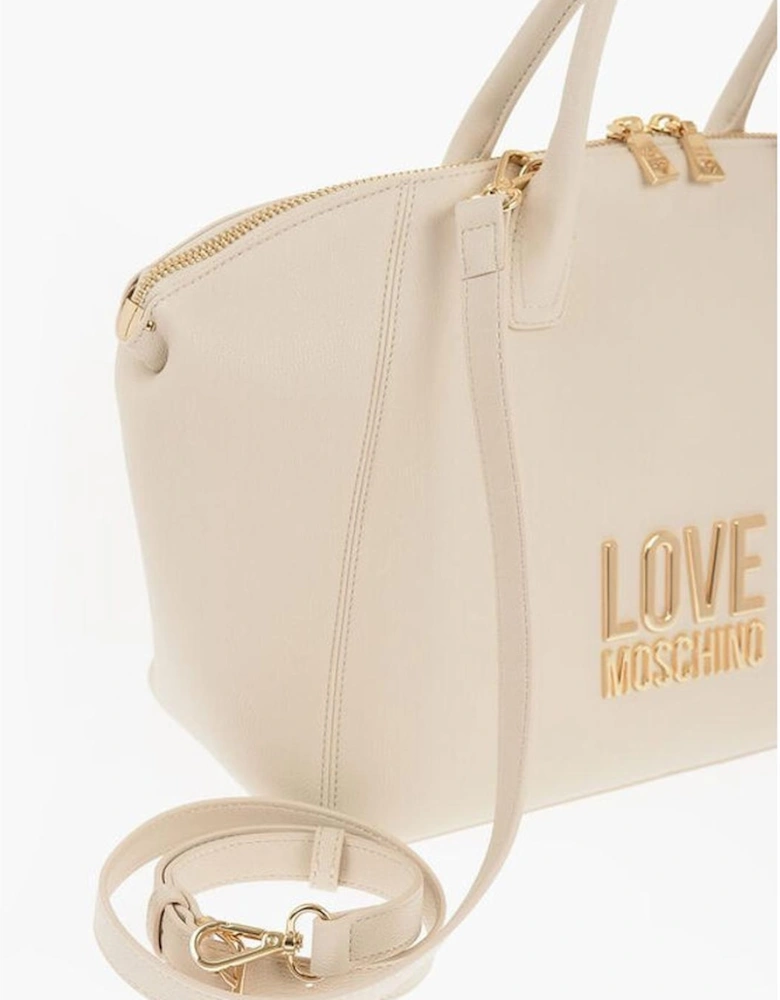 Logo Metal Solid Handbag with Adjustable Strap Women - Beige Tote Bags