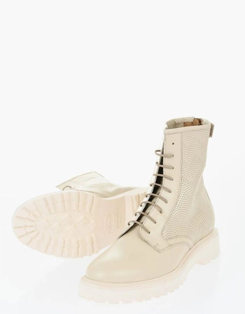 Leather Lace-Up Boots with Rugged Rubber Sole Women - Beige