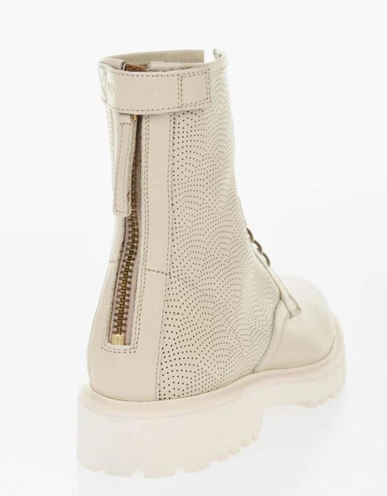 Leather Lace-Up Boots with Rugged Rubber Sole Women - Beige